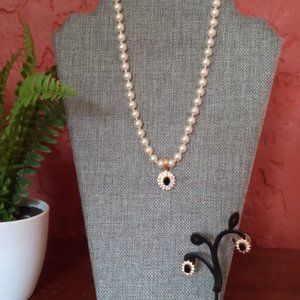 Vintage Signed Roman Cultured Pearl, Onyx & Austrian Crystal Necklace & Earrings